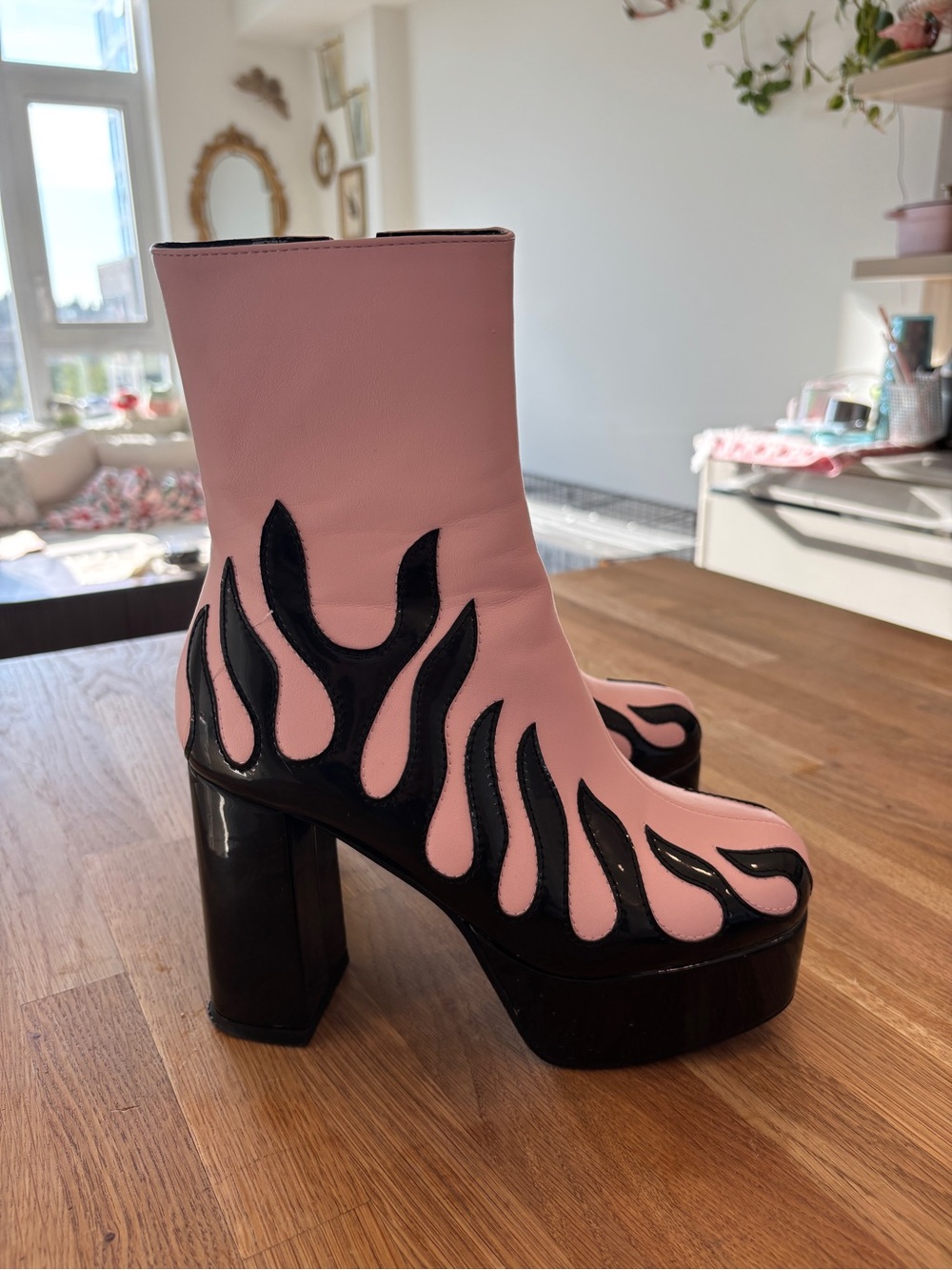 Women's Pink Platform Ankle Boots with Black Flame Detail